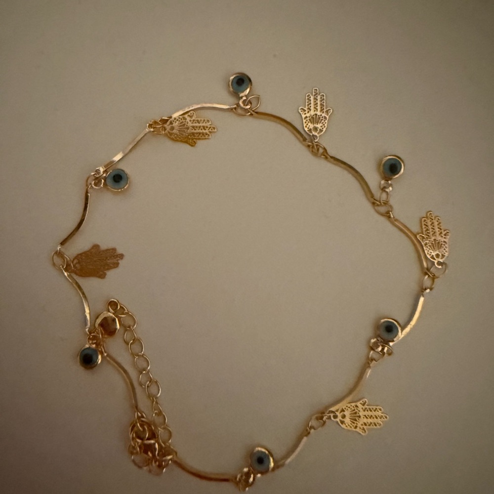 Gold Hamsa Bracelet with Blue Accents
